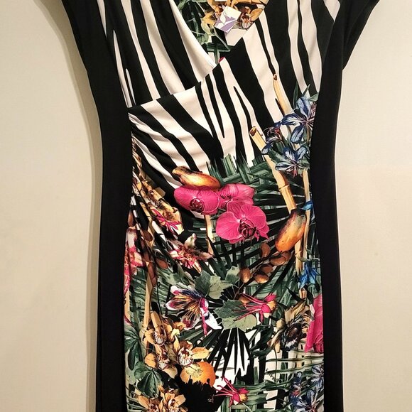 Joseph Ribkoff - Size 12 - Animal and Tropical Print - Faux Wrap Dress - Picture 7 of 11